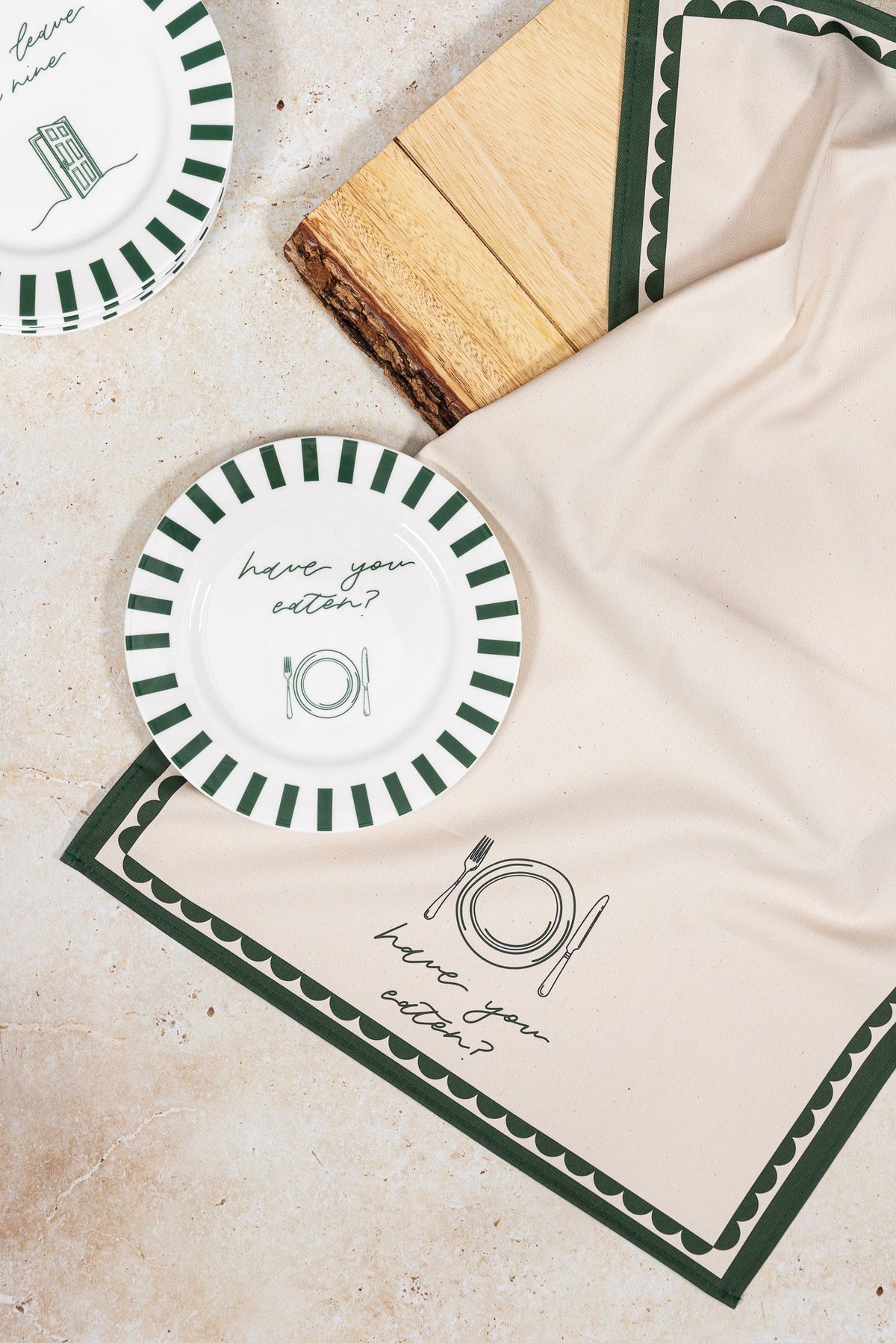 Avalon Home UK Have You Eaten Bone China Plate with a matching teatowel, featuring intricate floral and vintage design.