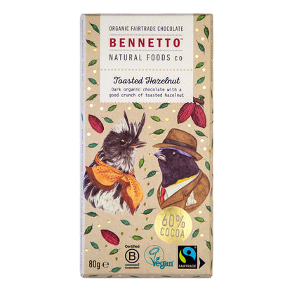 Bennetto Natural Foods UK toasted hazelnut chocolate bar with visible hazelnut pieces on the front.