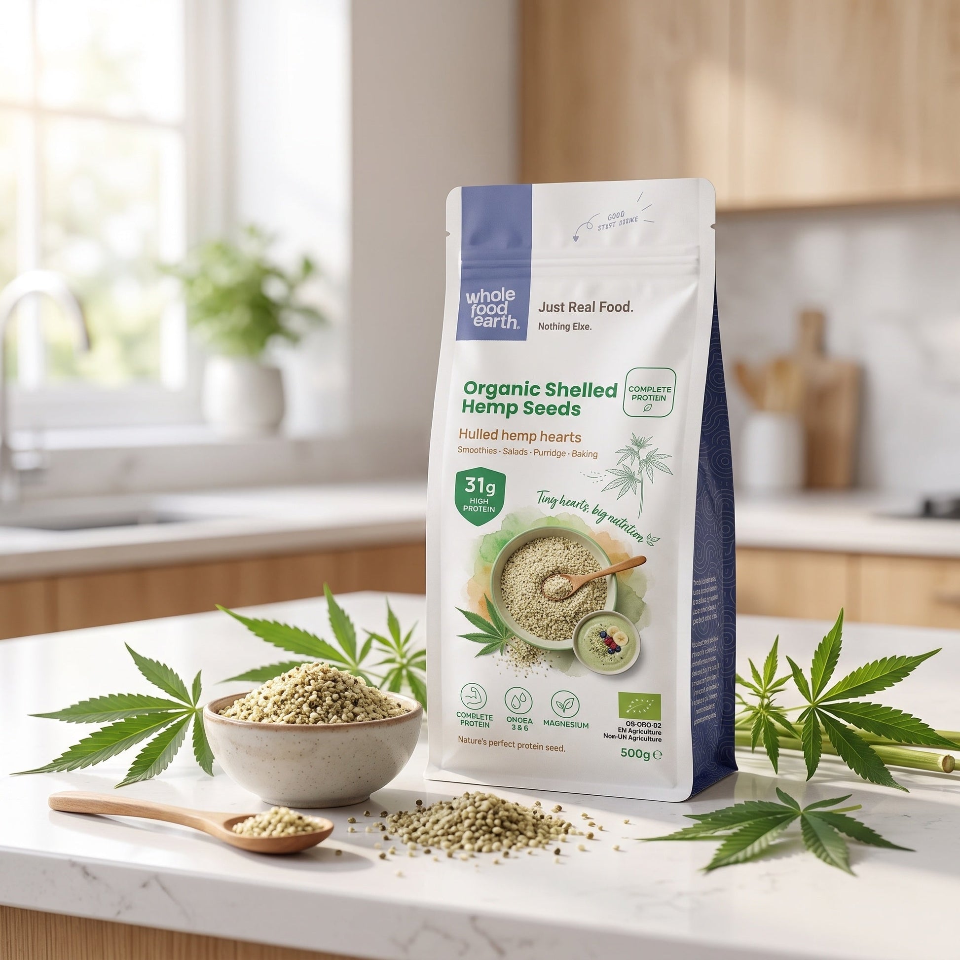 Organic shelled hemp seeds from Whole Food Earth, showing small, greenish-brown nut-like seeds on a white background.