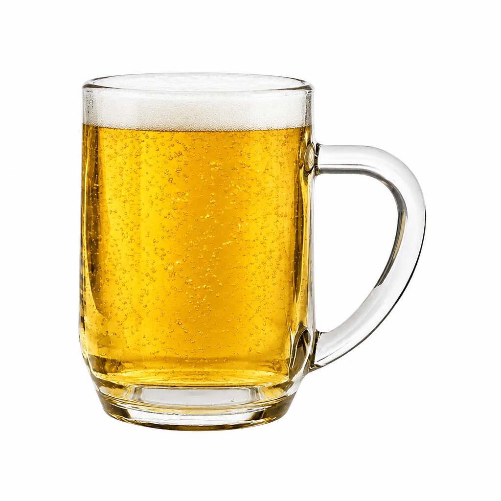 Set of six Heritage Glass Tankards by Glassware UK, 0.27L capacity, clear glass with traditional design and beer inside.