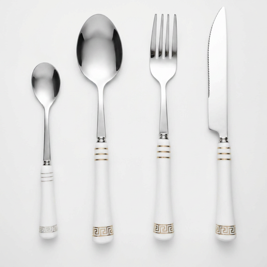 KitchBoom Heritage Gold 16-piece white cutlery set with polished forks, knives, and spoons for elegant dining.