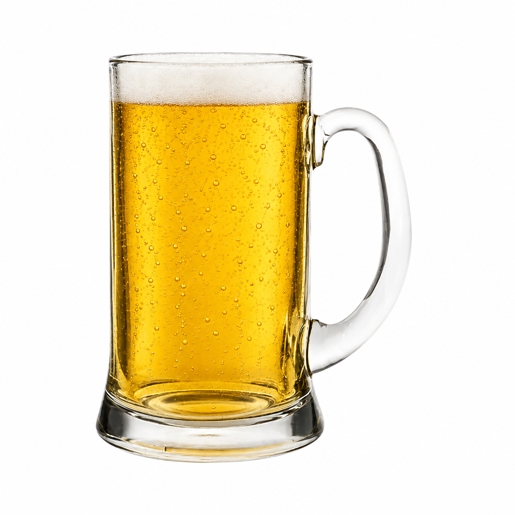 Heritage Glass Tankard 2 Pint by Glassware UK with beer inside, clear glass handle, and classic design for traditional drinking.