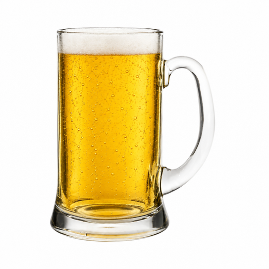 Heritage Glass Tankard 2 Pint by Glassware UK with beer inside, clear glass handle, and classic design for traditional drinking.