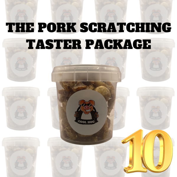 High-protein pork scratching taster package from Cool Hog Snacks with 10 small tubs of crispy pork snacks.