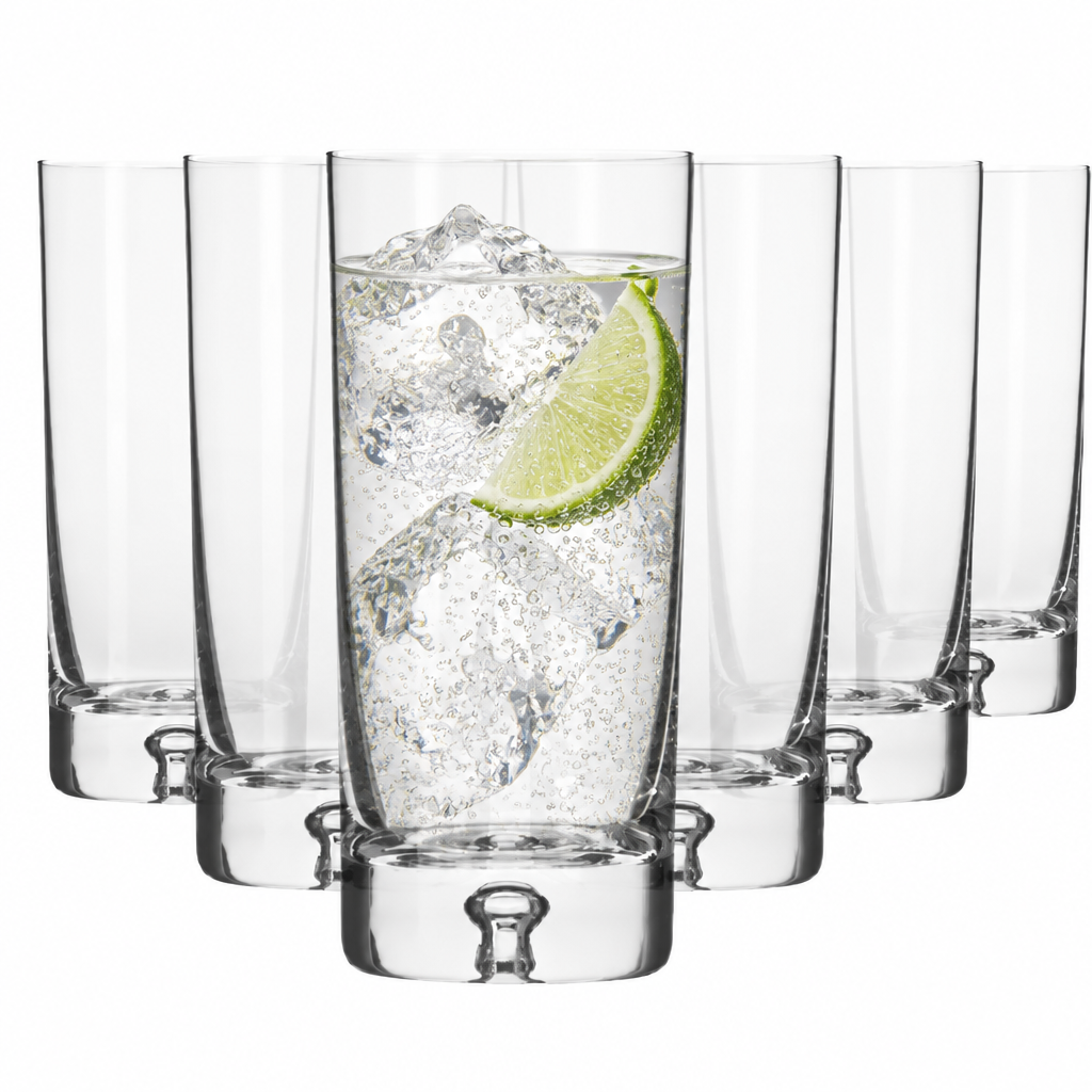 Six Krosno Bubble Base Highball Glasses for whisky or cocktails, 340ml, with one glass filled with gin and tonic.