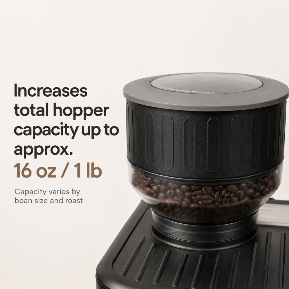 KNOCDIC® 2-inch hopper extender for Sage Breville Barista Express, Touch & Pro coffee grinders showing additional capacity and fitting.