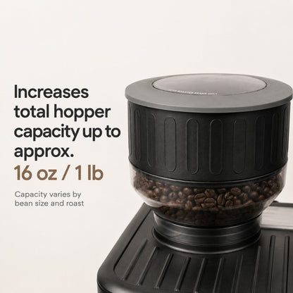 KNOCDIC® 2-inch hopper extender for Sage Breville Barista Express, Touch & Pro coffee grinders showing additional capacity and fitting.