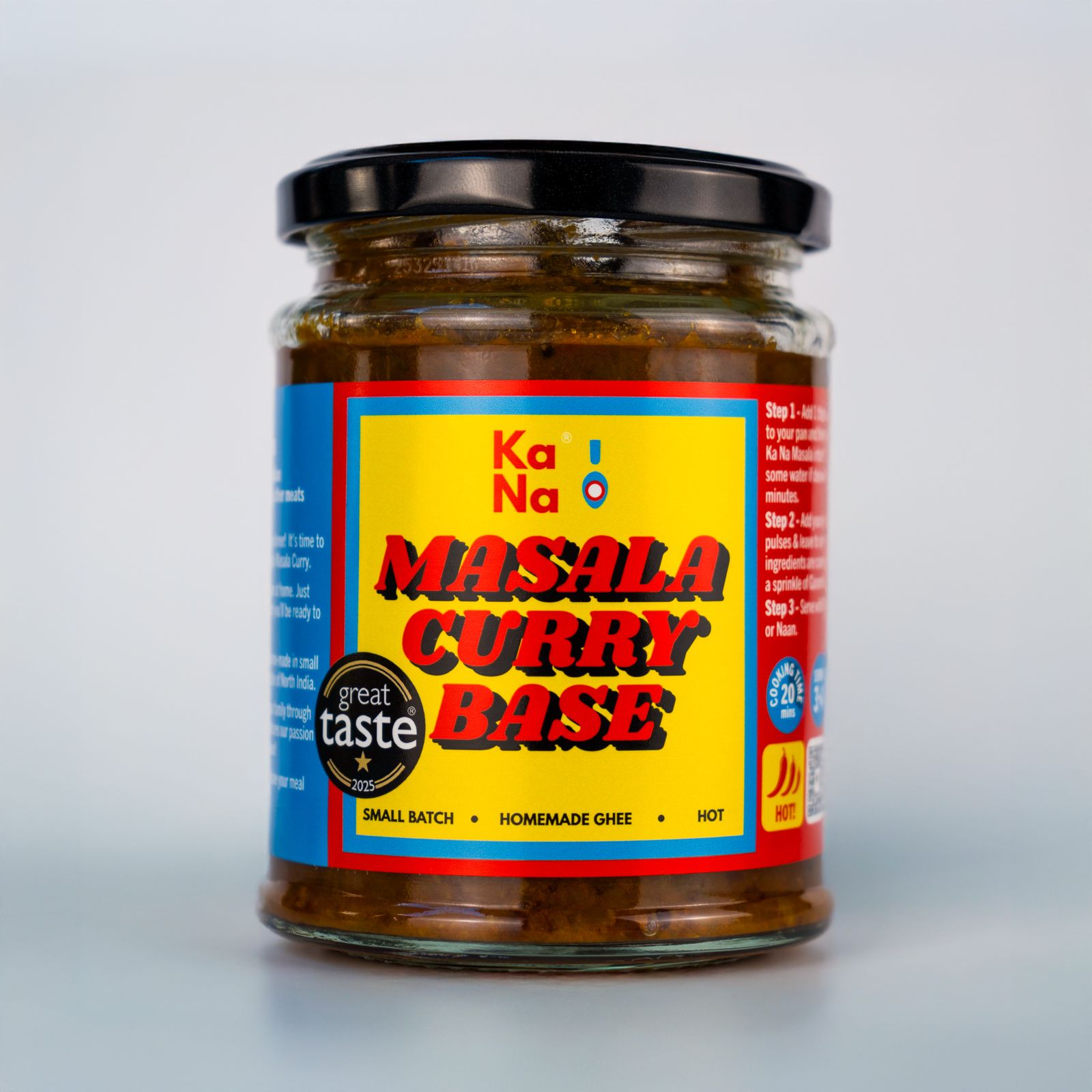 Ka Na Masala Curry Base Hot in a bottle, with a label, designed for flavorful cooking sauces and marinades.
