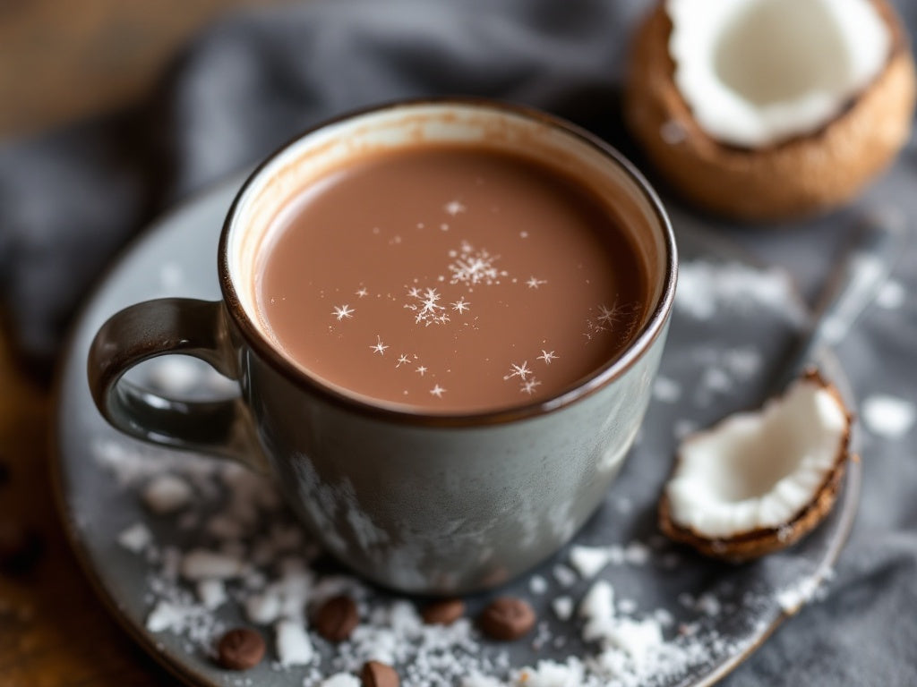 Creamy Siocolat organic vegan sugar-free low-calorie hot chocolate drink in a mug with a spoon and cocoa powder topping.