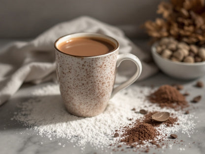 Siocolat organic vegan hot chocolate drink in a cup, low calorie, sugar-free beverage with rich, creamy texture.