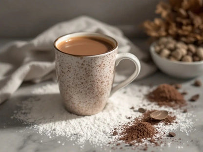 Siocolat organic vegan sugar-free low-calorie hot chocolate drink in a mug with whipped topping and cocoa powder garnish.