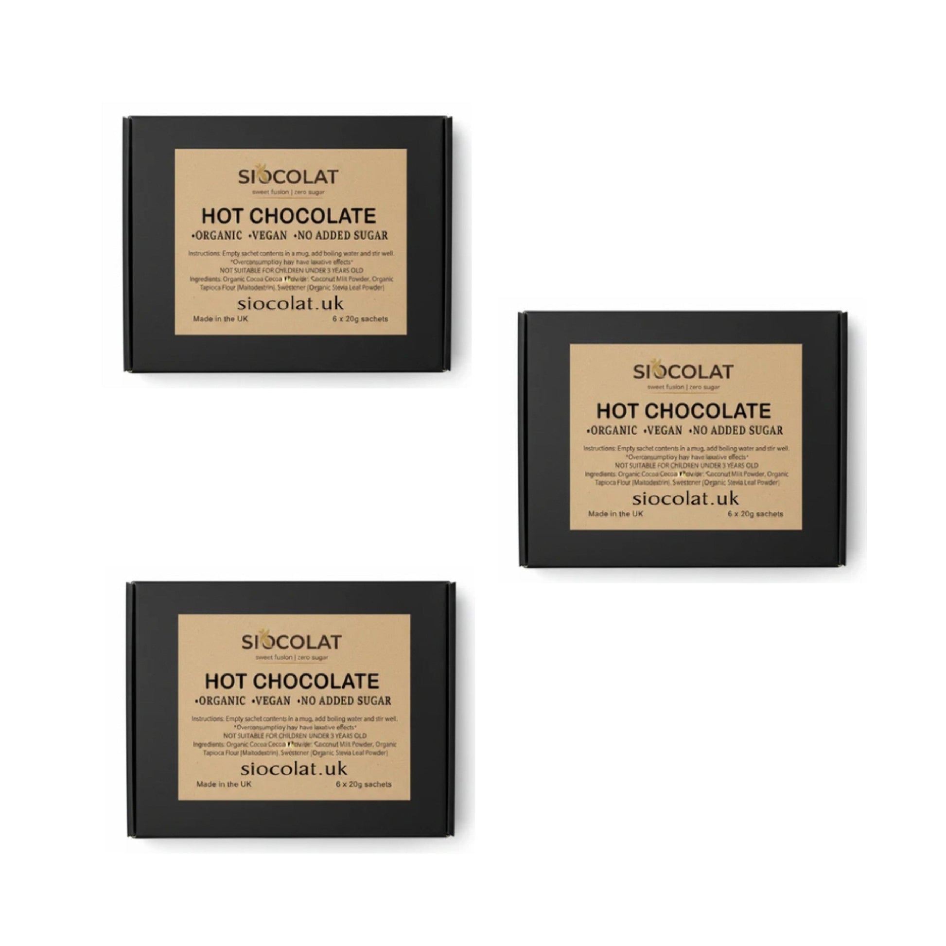 Three packs of Siocolat vegan hot chocolate drinks with no added sugar, showcasing creamy hot chocolate served in mugs.
