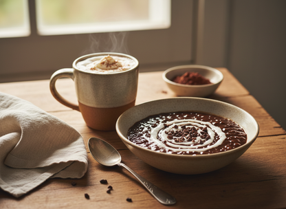 Vegan-friendly duo pack of No Added Sugar Hot Chocolate and Champorado Rice Porridge Mix by Siocolat, with image of both products.