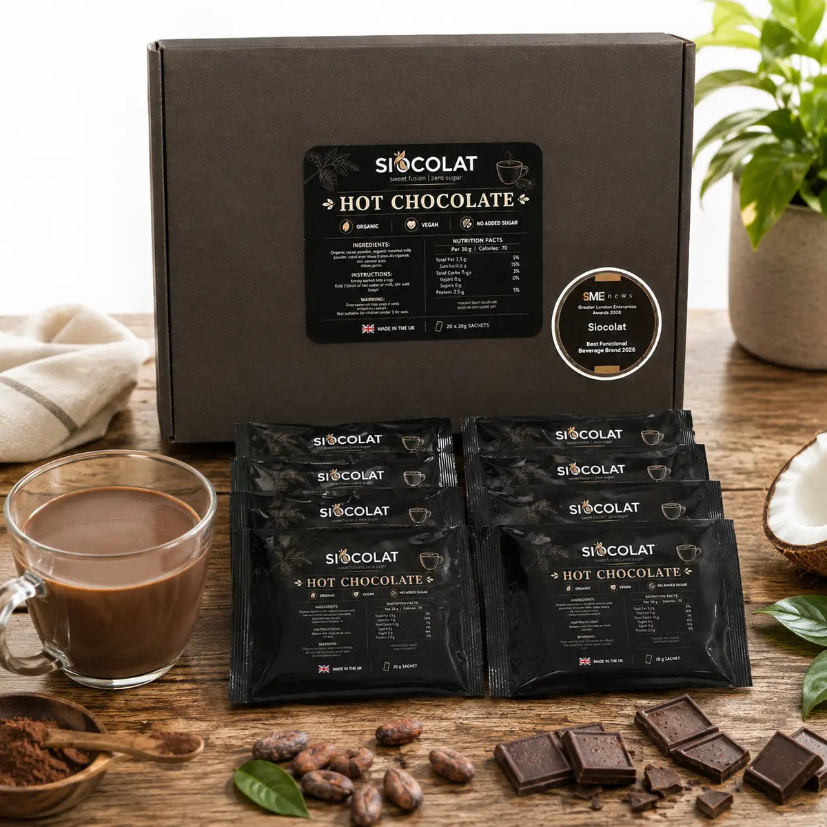 Siocolat organic vegan hot chocolate drink in a mug, showcasing a creamy, rich beverage with a smooth surface.
