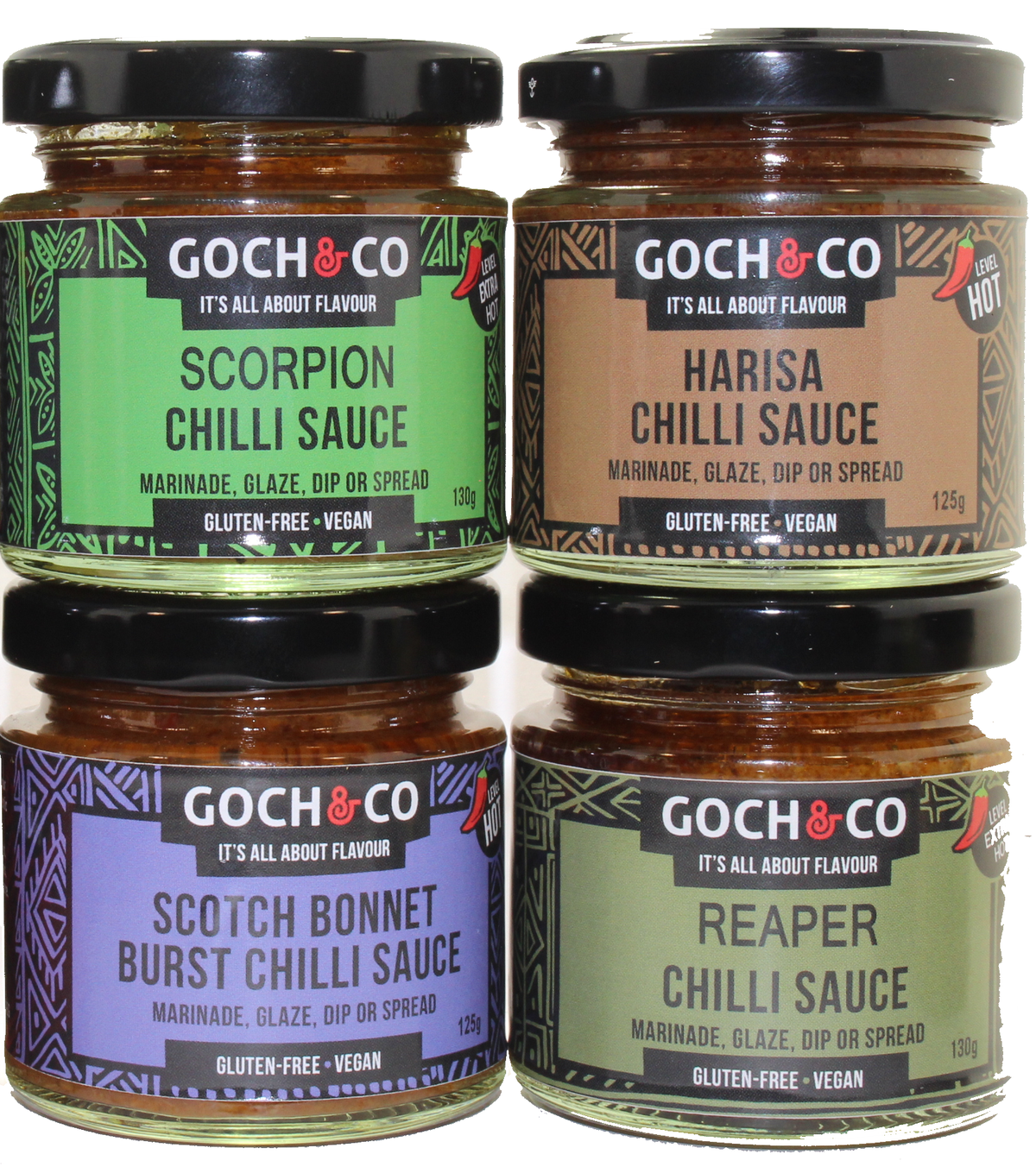 Set of four Goch & Co Fiery Hot Sauces bottles, each 125g, with vibrant labels showcasing spicy flavors and fiery ingredients.