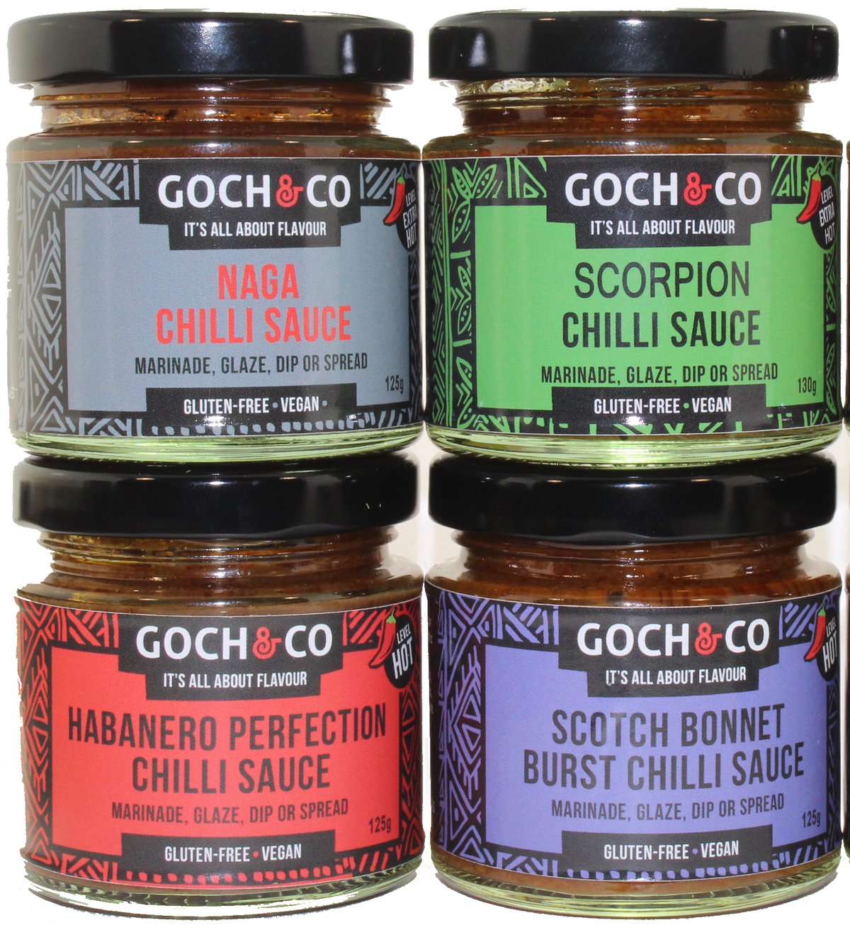 Assorted Fiery Hot Sauces by Goch & Co in four 125g bottles, showcasing vibrant labels and spicy flavors.
