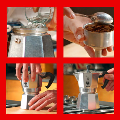 Bialetti Moka Express stovetop coffee maker with aluminum body and black handle, used for brewing espresso-style coffee.