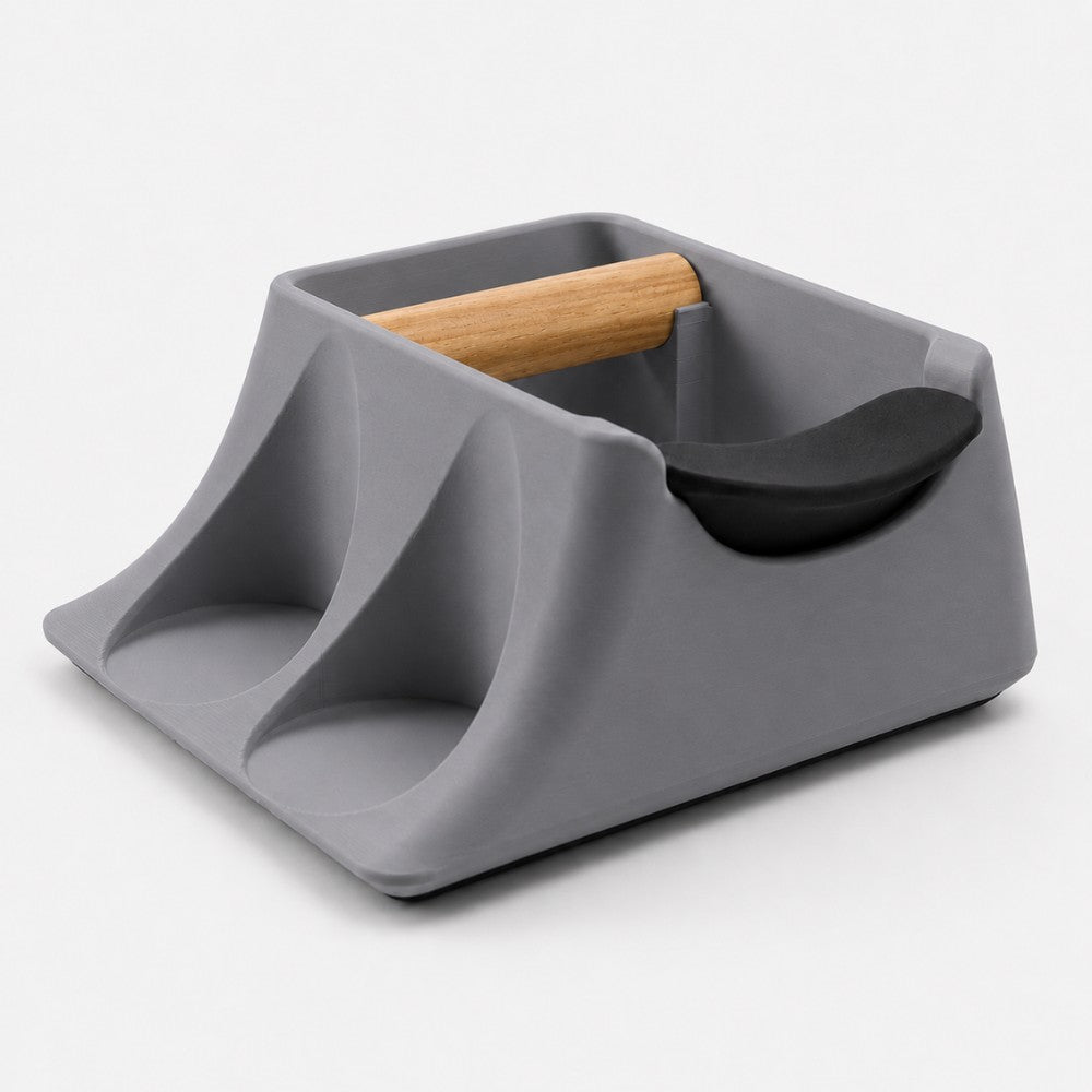 Ash grey KNOCDIC® Hub coffee knock box, tamping station, and tamper holder for baristas and coffee enthusiasts.