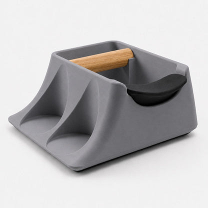 Ash grey KNOCDIC® Hub coffee knock box, tamping station, and tamper holder for baristas and coffee enthusiasts.
