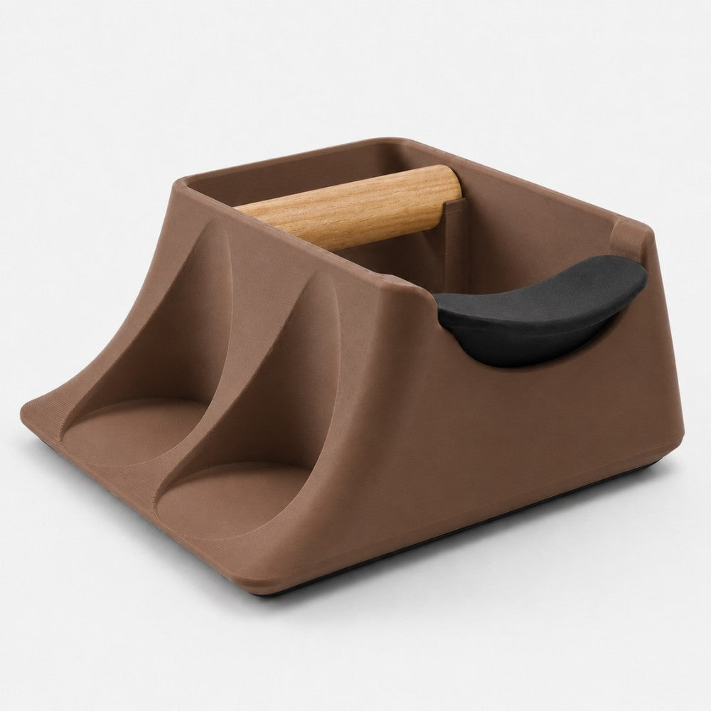 KNOCDIC® brown coffee knock box with tamping station and tamper holder for espresso machine barista use.