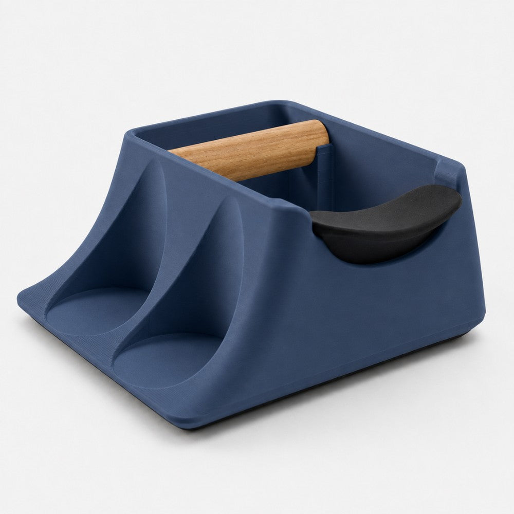 Dark blue KNOCDIC® Hub coffee knock box and tamper holder, designed for easy tamping station and espresso tool organization.