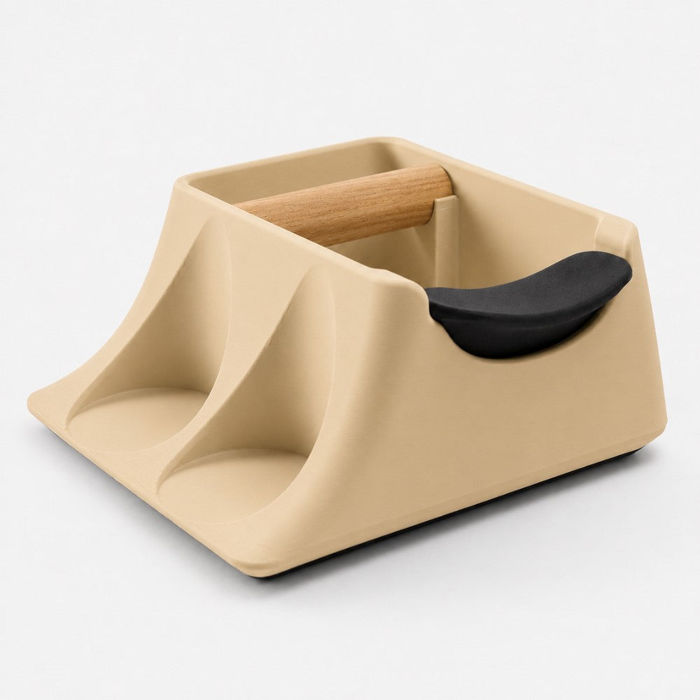 KNOCDIC® Hub Coffee Knock Box and Tamping Station in desert tan with tamping tools and tamper holder for espresso preparation.