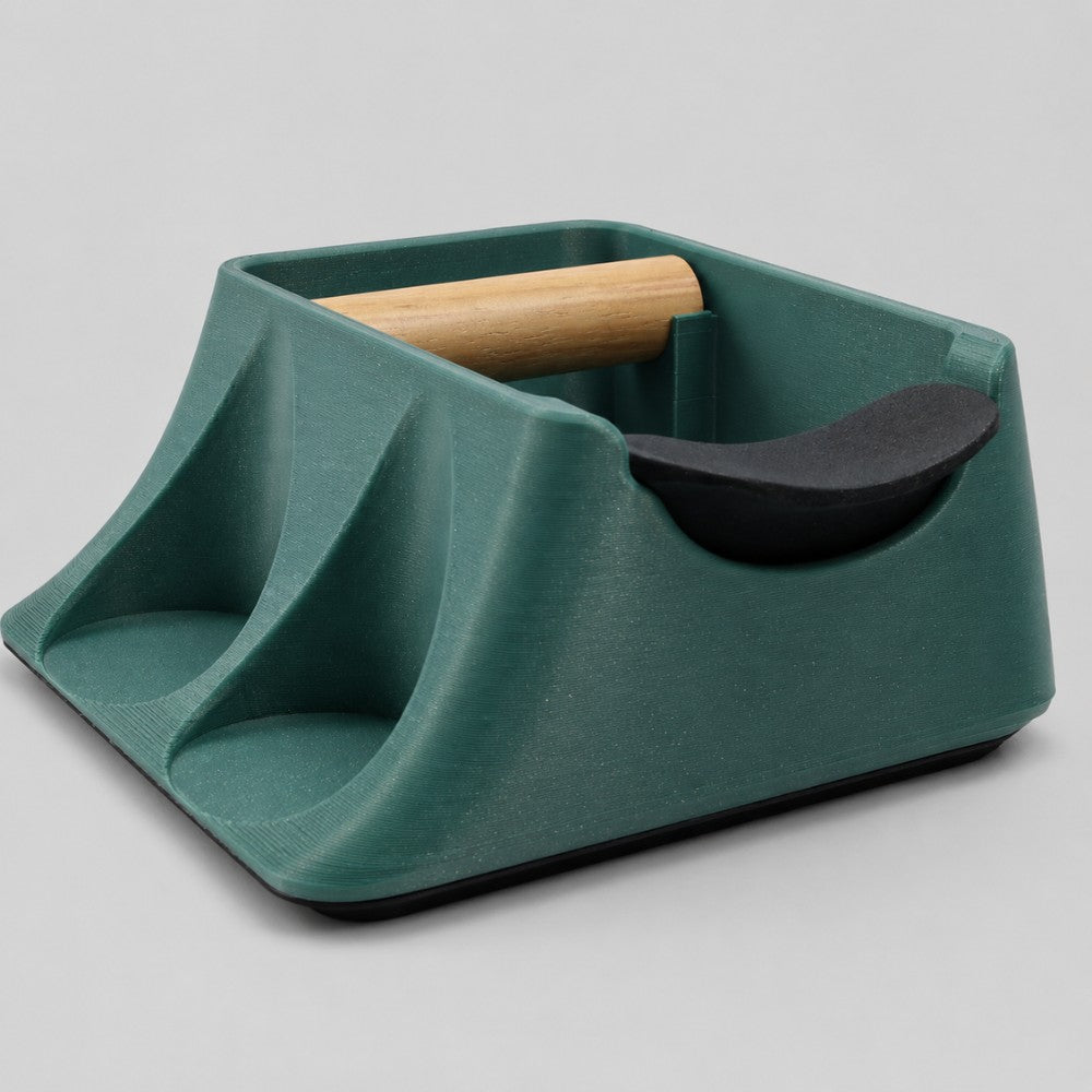 Galaxy green KNOCDIC® Coffee Knock Box and Tamper Holder with tamping station for espresso preparation and coffee accessory organization.