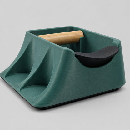 Galaxy green KNOCDIC® Coffee Knock Box and Tamper Holder with tamping station for espresso preparation and coffee accessory organization.