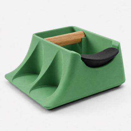 KNOCDIC® Hub coffee knock box and tamping station in grass green with tamper holder for espresso preparation.