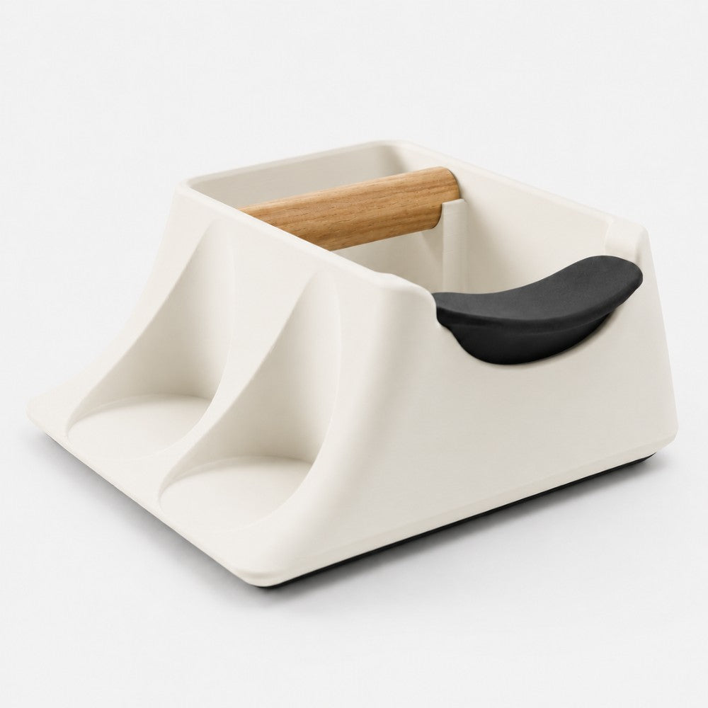 KNOCDIC® Hub coffee knock box and tamper holder in ivory white, compact tamping station for espresso machine accessories.