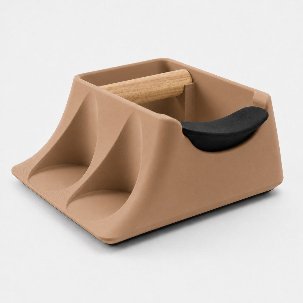 KNOCDIC® Hub Coffee Knock Box and Tamper Holder in latte brown for espresso preparation and barista station organization.