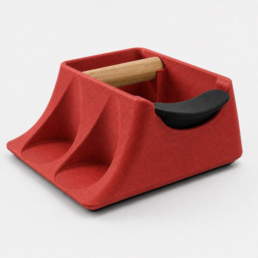 KNOCDIC® Hub Coffee Knock Box and Tamping Station with marble red finish and tamper holder for espresso preparation.