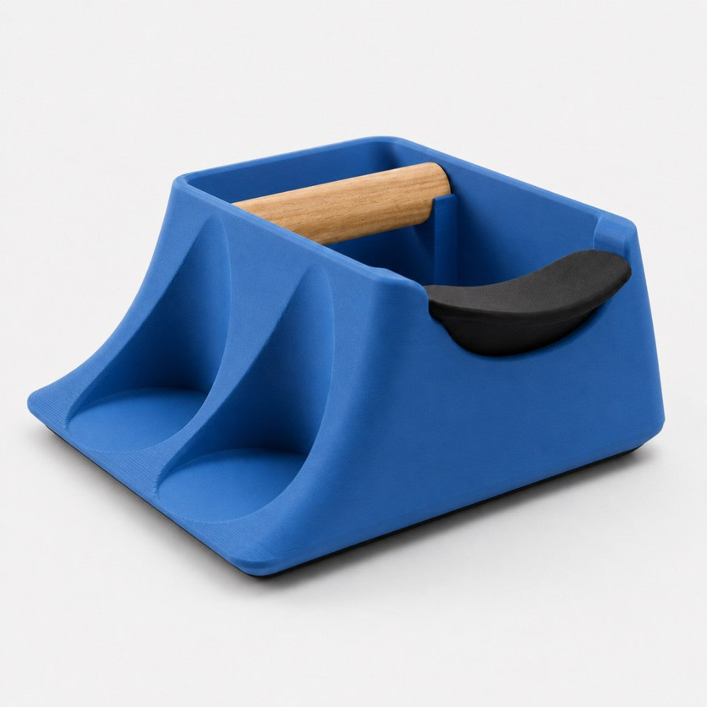 Marine blue KNOCDIC® Coffee Knock Box and Tamper Holder for espresso tampering and coffee station organization.