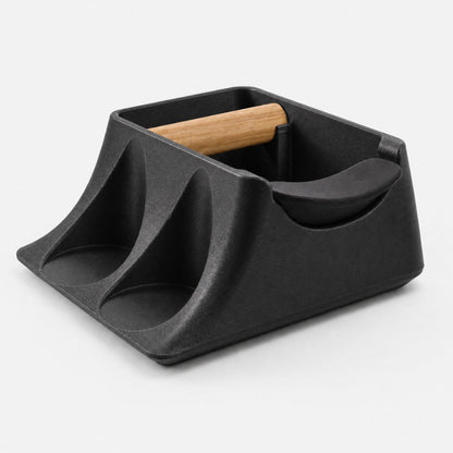 KNOCDIC® The Hub coffee knock box and tamping station in metallic black with tamper holder for barista espresso preparation