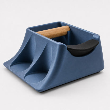 Metallic blue coffee knock box and tamper holder from KNOCDIC® The Hub for espresso preparation and tamping station.