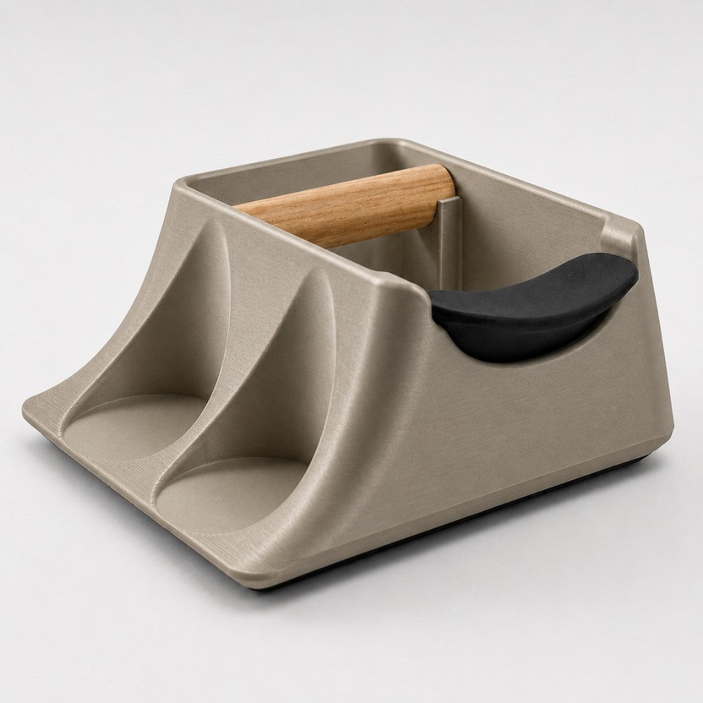 KNOCDIC® metallic gold coffee knock box with tamping station and tamper holder for espresso preparation.