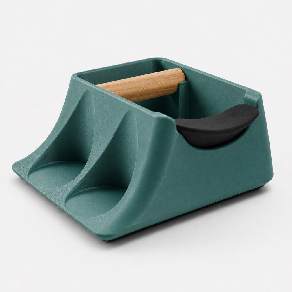 KNOCDIC® Coffee Knock Box in metallic green, metal tamping station and tamper holder for espresso preparation.