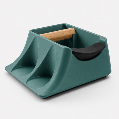 KNOCDIC® Coffee Knock Box in metallic green, metal tamping station and tamper holder for espresso preparation.