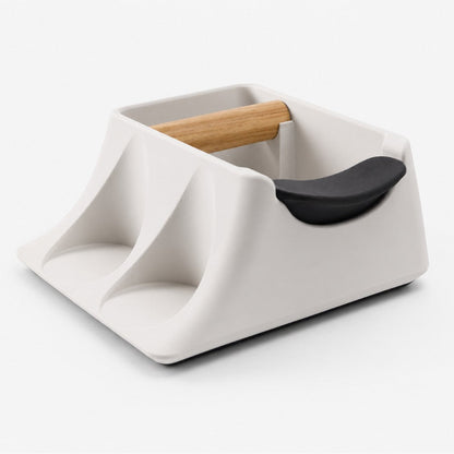 KNOCDIC® Hub coffee knock box and tamping station with tamper holder in off-white, designed for barista espresso preparation.