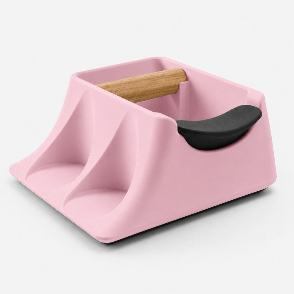 Pink coffee knock box and tamper holder from KNOCDIC® The Hub for barista espresso station and tamping accessories.