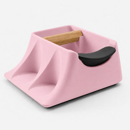 Pink coffee knock box and tamper holder from KNOCDIC® The Hub for barista espresso station and tamping accessories.