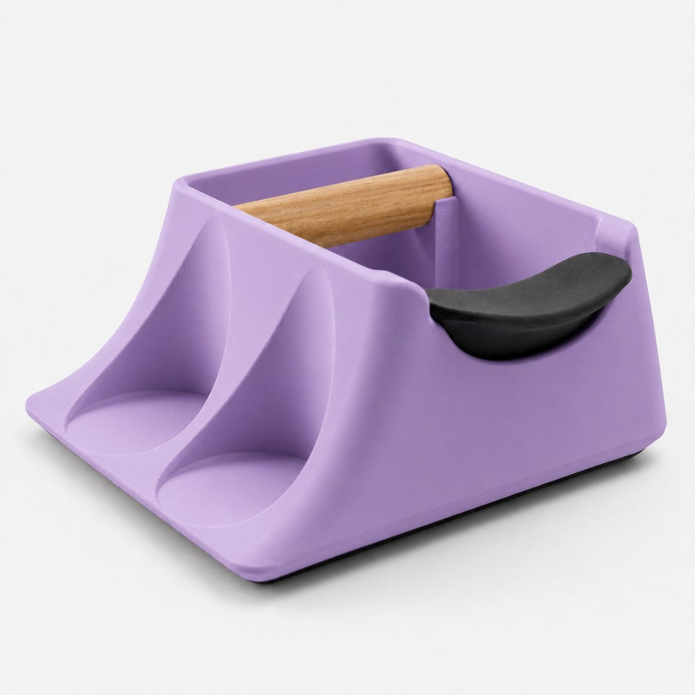 Purple KNOCDIC® Hub Coffee Knock Box and Tamper Station with holder, designed for espresso preparation and barista use.