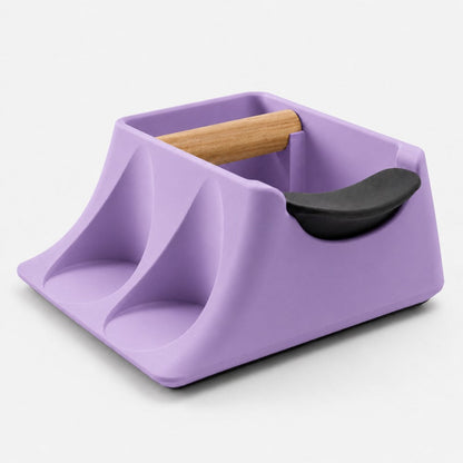 Purple KNOCDIC® Hub Coffee Knock Box and Tamper Station with holder, designed for espresso preparation and barista use.