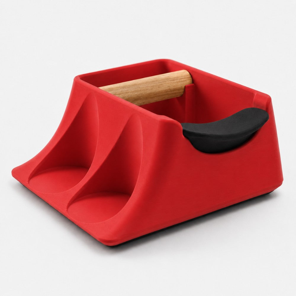 Red KNOCDIC® coffee knock box with tamper holder and tamping station, designed for baristas to organize and store coffee tools.