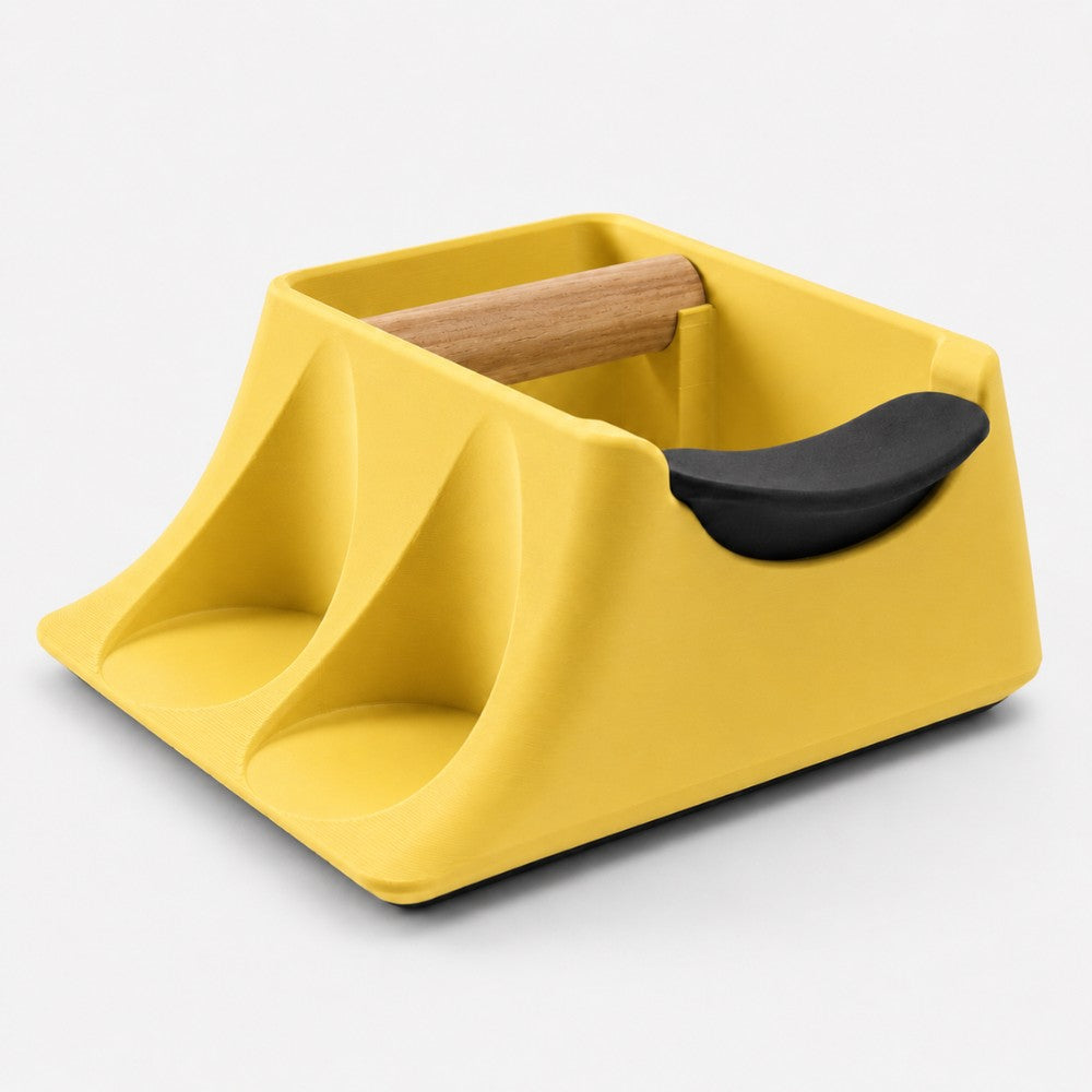 KNOCDIC® Hub Coffee Knock Box and Tamper Holder in yellow, used for tamping espresso and discarding used coffee grounds.