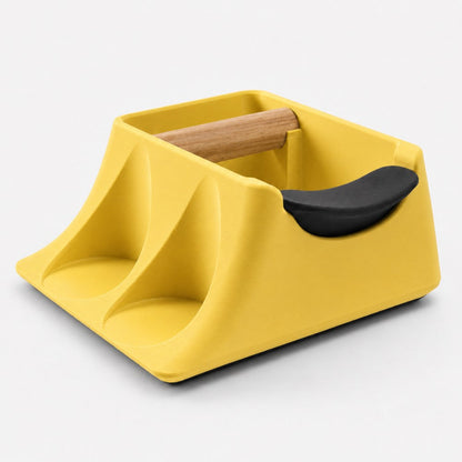 KNOCDIC® Hub Coffee Knock Box and Tamper Holder in yellow, used for tamping espresso and discarding used coffee grounds.