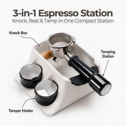 KNOCDIC® Hub Knock Box, tamping station, and tamper holder for espresso machines, compact black coffee accessory station.