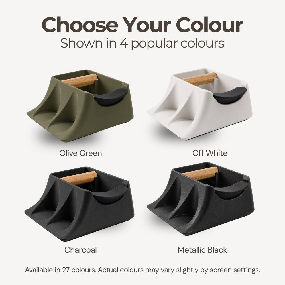 KNOCDIC® Hub Coffee Knock Box with tamper holder in various colors, compact tamping station for barista coffee preparation.