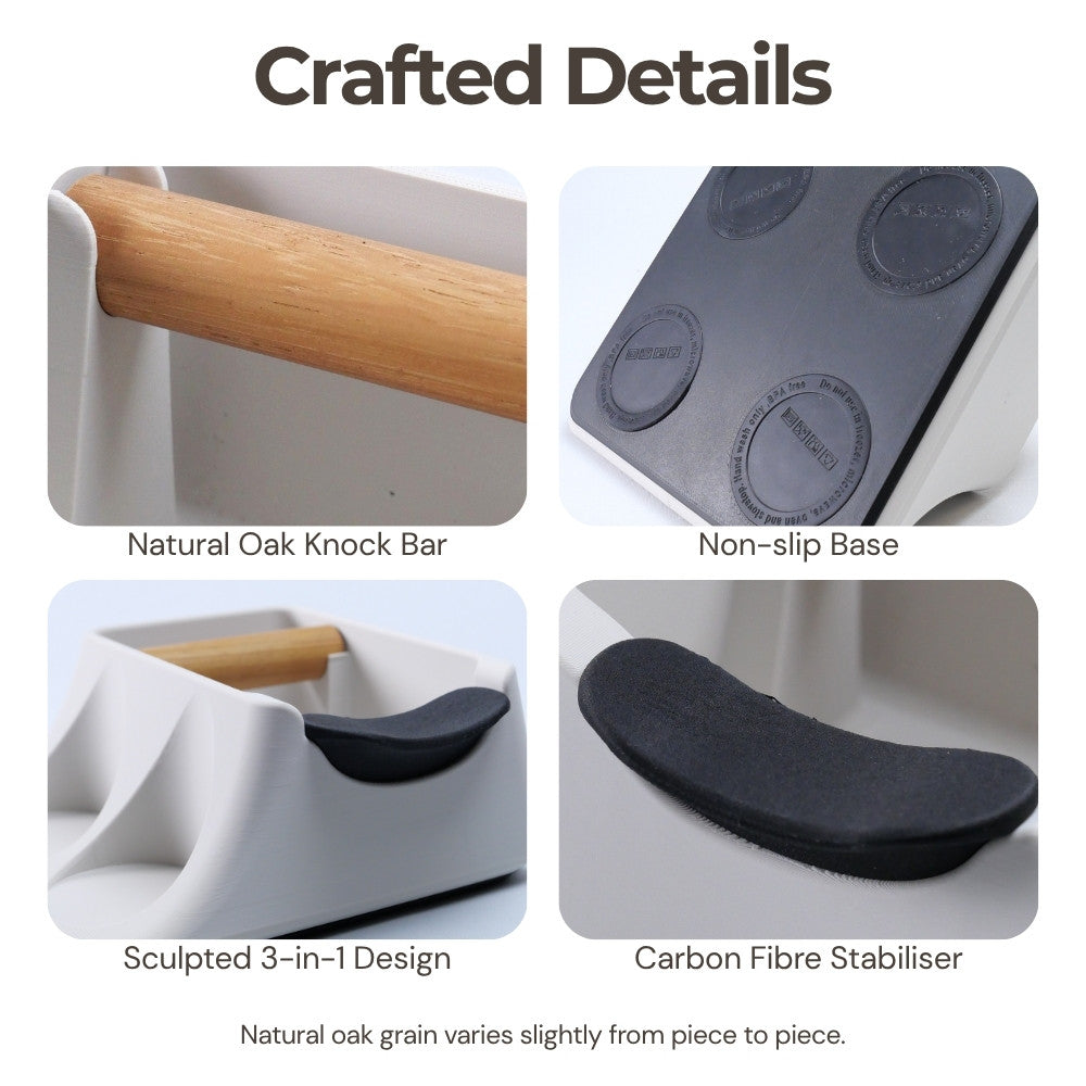 KNOCDIC® Hub Coffee Knock Box and Tamping Station with tamper holder, black stainless steel for espresso bar use.