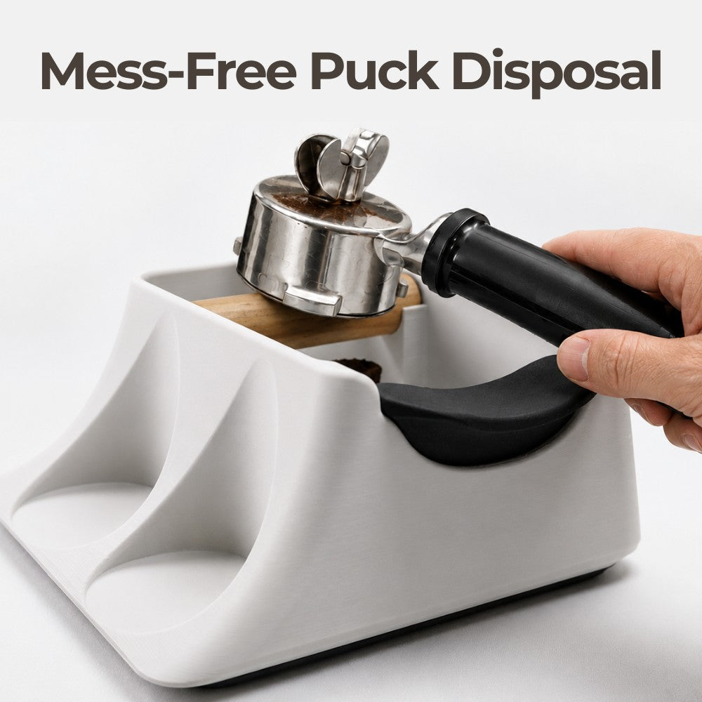 KNOCDIC® Hub Coffee Knock Box and Tamper Holder in use, featuring a sturdy tamping station for espresso preparation.